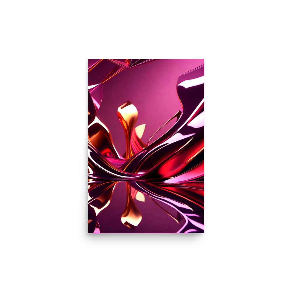 Reflective metallic shapes twisting and melting into a pink and purple backdrop.