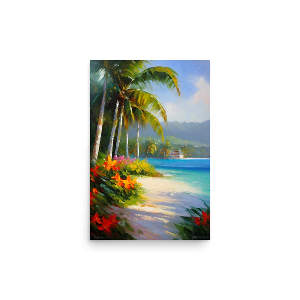 Sunlit hues bathe a calm seascape with a white sands beach, and silhouetted palms.