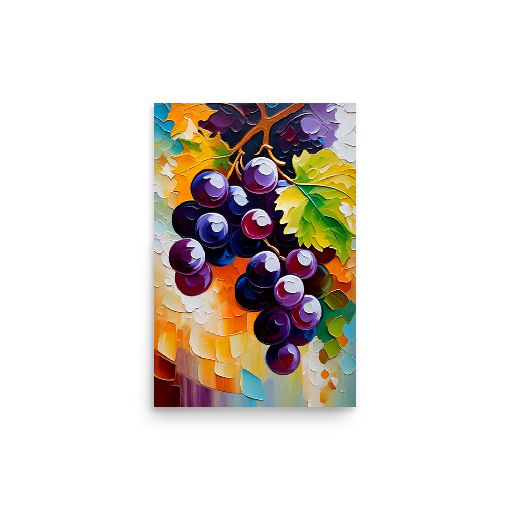 Thick impasto technique with a colorfully painted grapes on a vine.