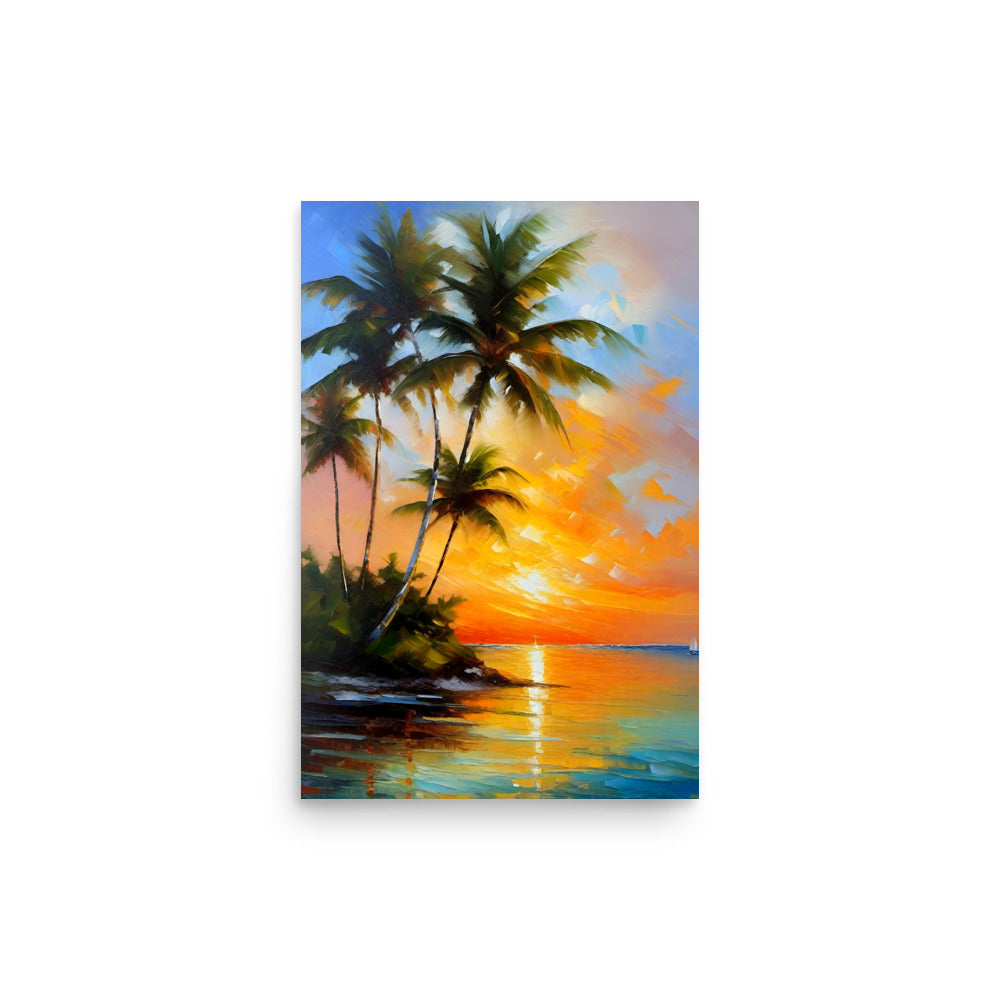 Warm hues create tropical sunset scene. Majestic palm trees gently sway, casting shadows on calm waters. Dazzling colors reflect serenity, inviting basking in nature's grandeur.