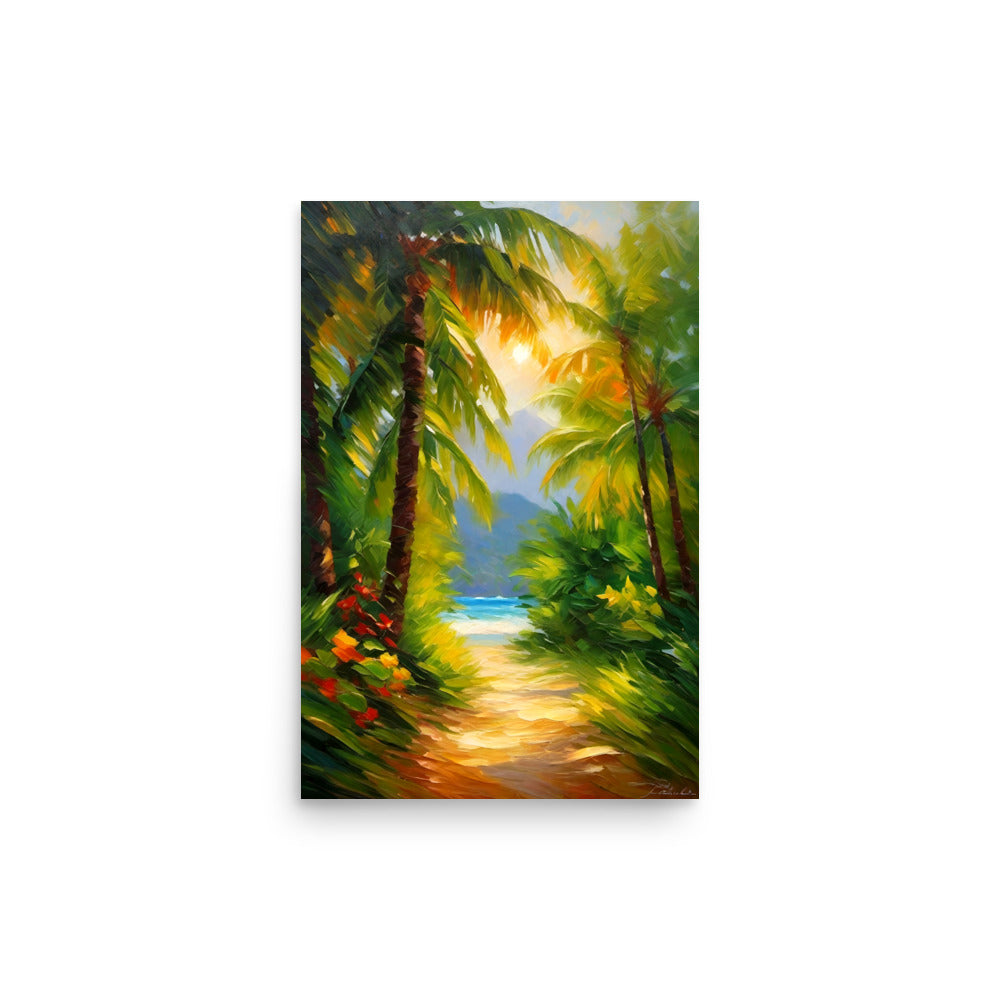 A sunlit pathway through a tropical landscape with warmly painted with broad brushstrokes.