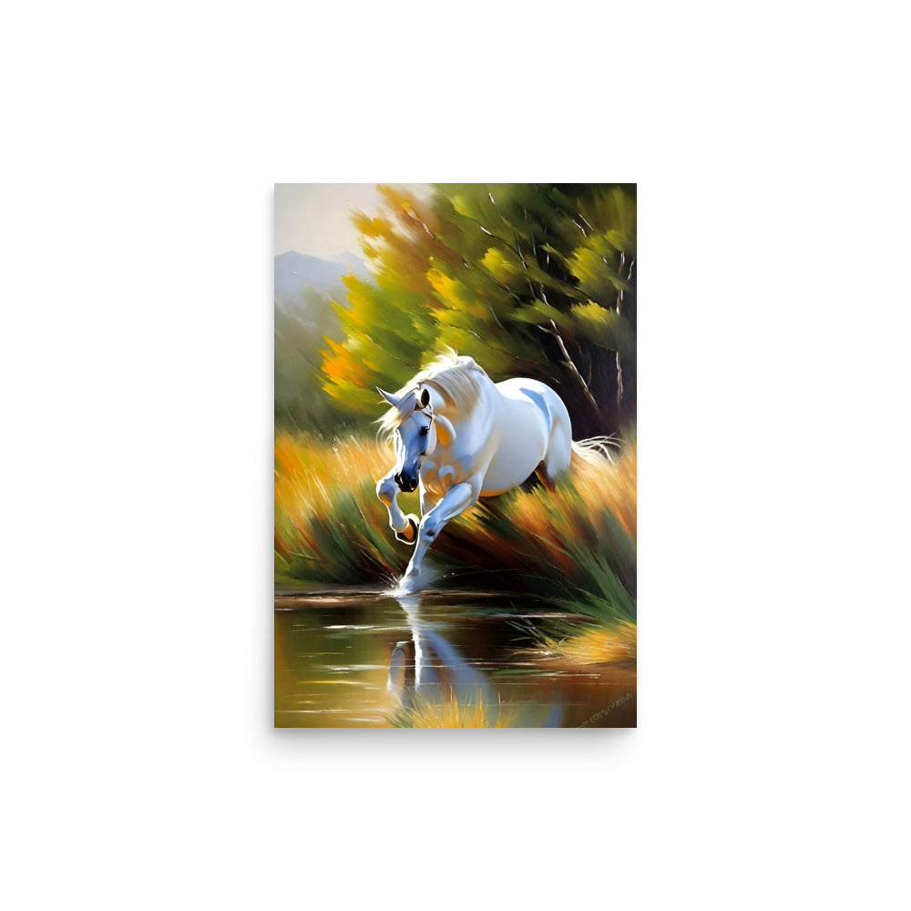 A dynamic portrayal of a white horse and splashes of water with autumnal colors.