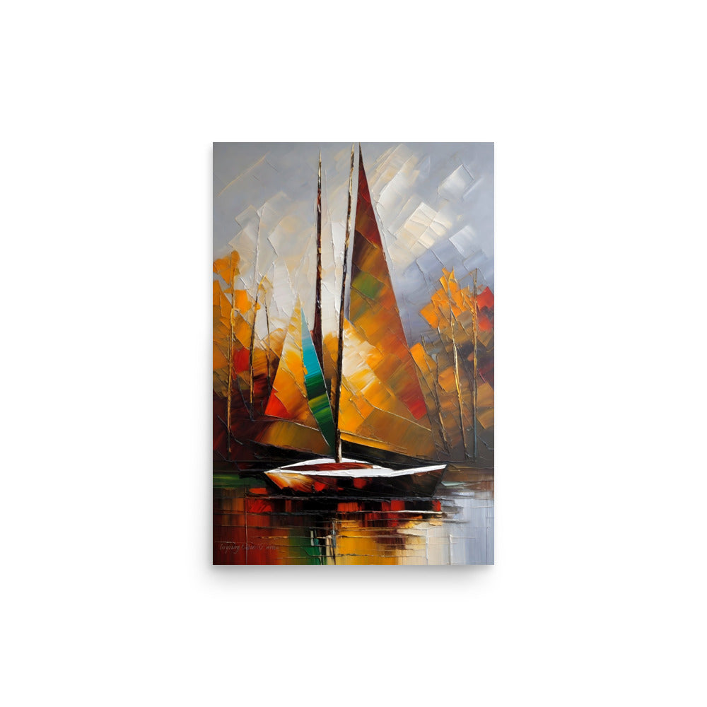 A sailing scene with boldly painted brushstrokes, reflected on the water.