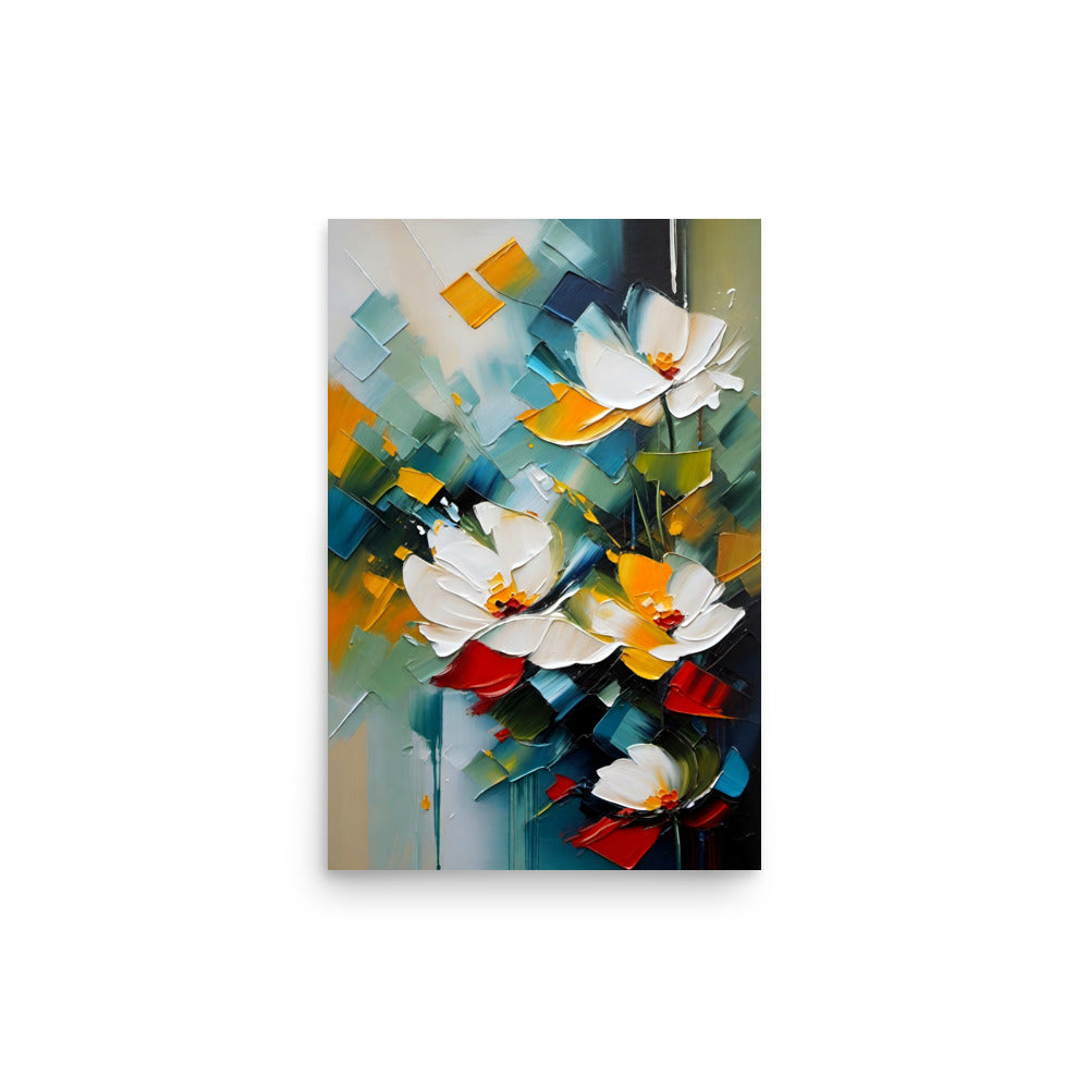 Abstract white flowers on a backdrop of cool blue and warm orange brushstrokes.