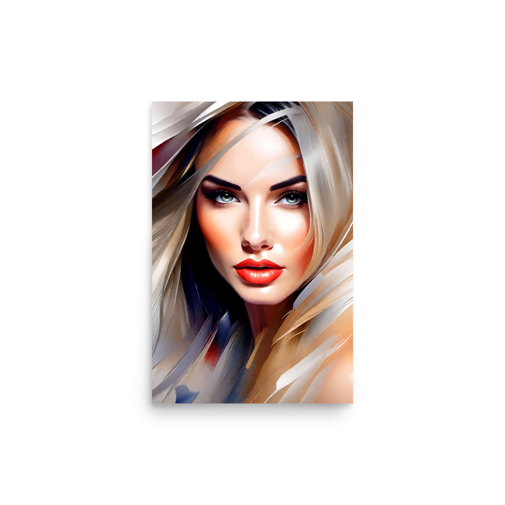 Mesmerizing blue eyes of blonde woman. Bold red lips radiate alluring confidence. Stylized digital artistry portrays her.