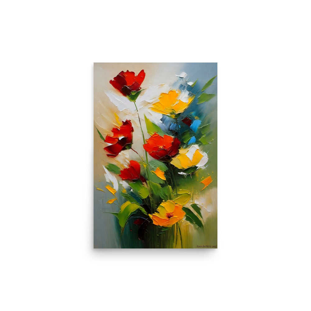 Vibrant textured painting of red, yellow and blue tulips with thick impasto strokes.