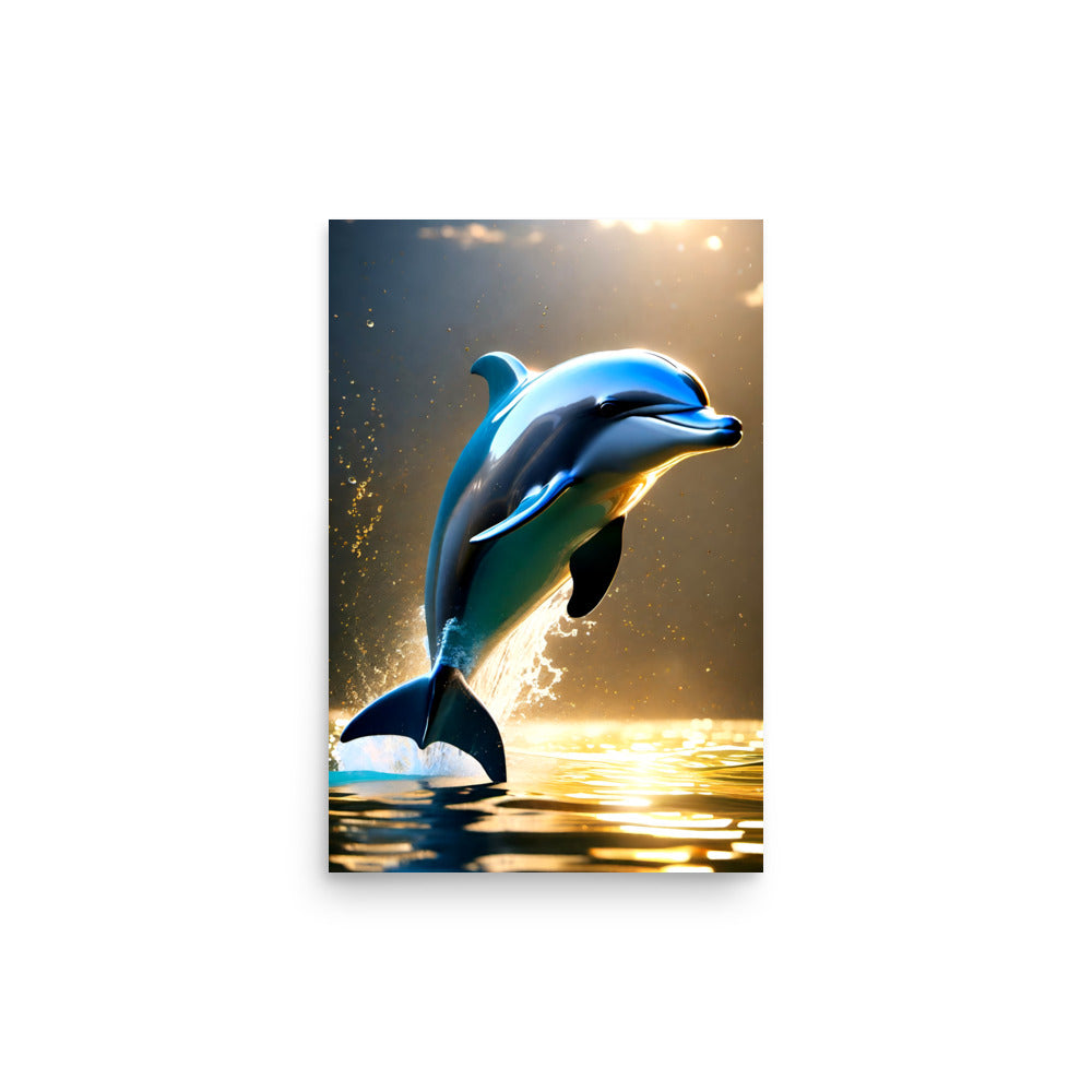A dolphin leaps joyfully from a sunlit ocean with shimmering water drops.