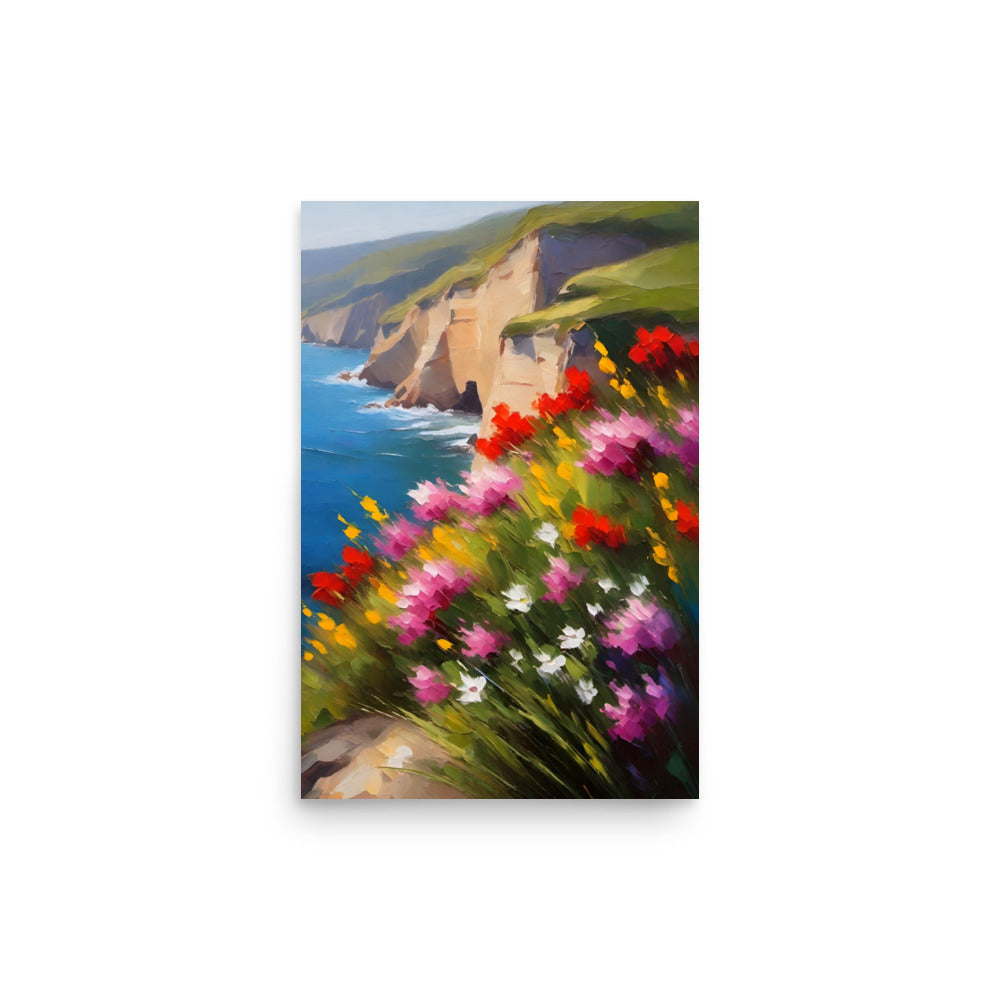 A picturesque scene with red and purple flowers overlooking a cliff.