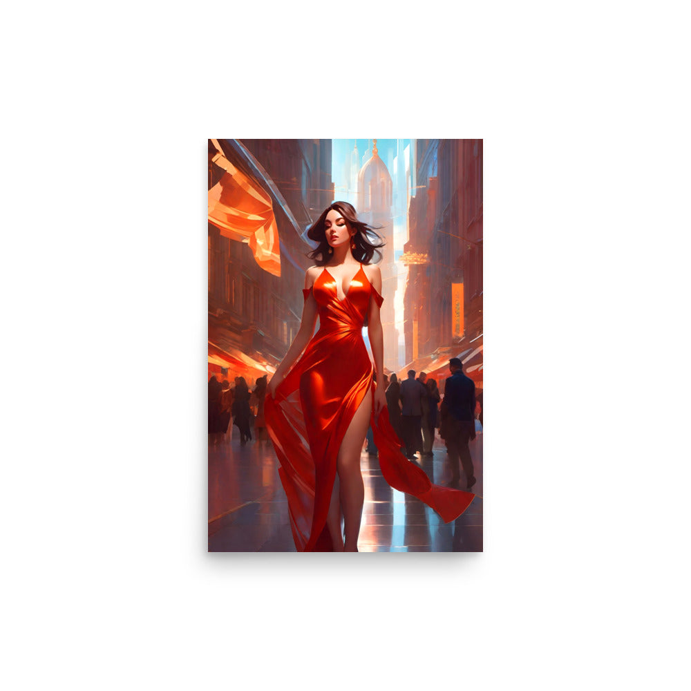 A stunning woman in a red dress strolls through an urban scene.