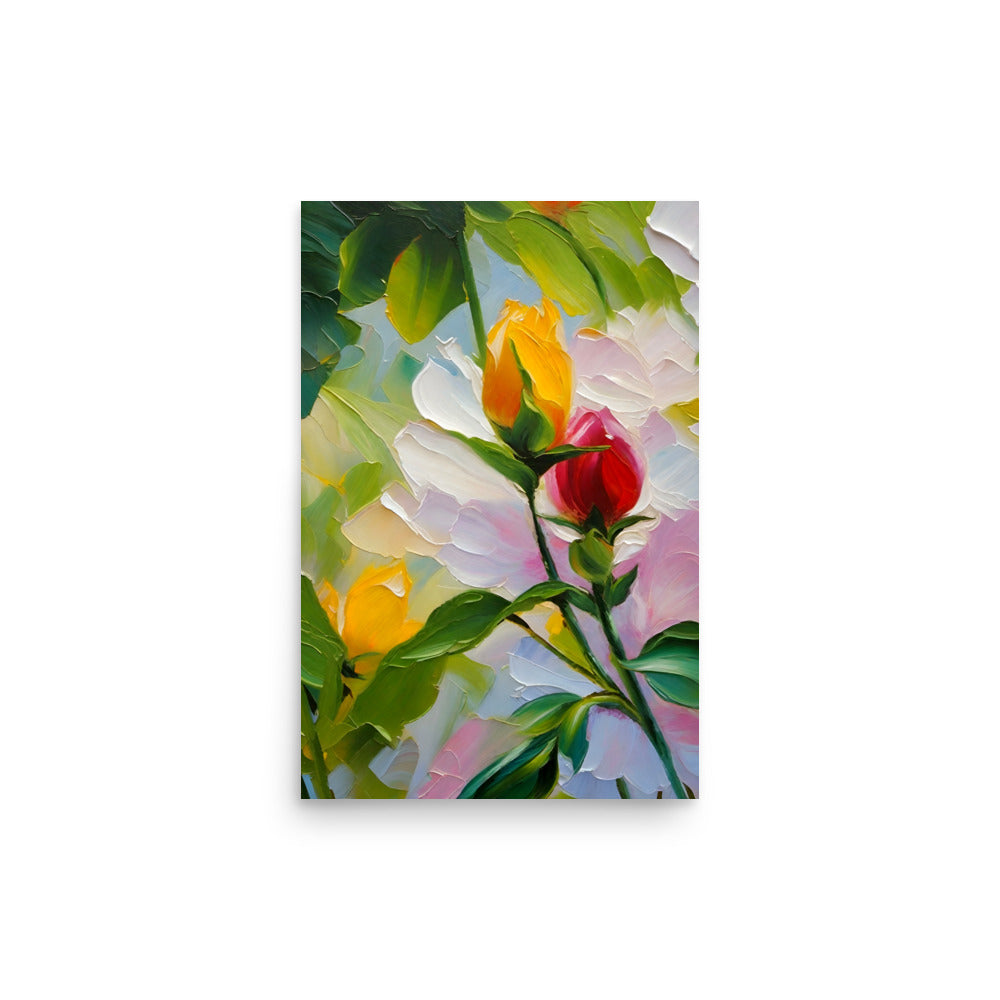 A yellow rose bud painted with a red rose bud, in beautiful bold brushstrokes.
