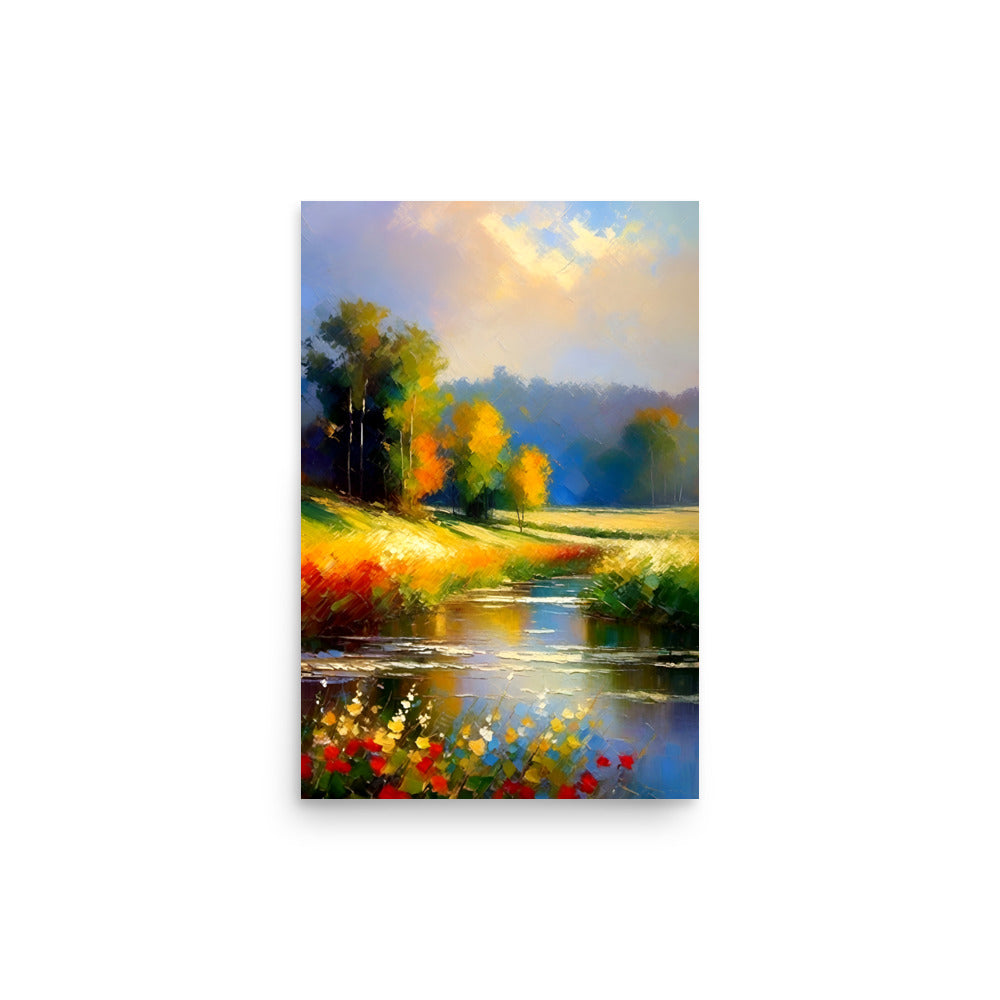 Art with bright autumn trees reflecting on a calm river, for a soft dreamy feel.