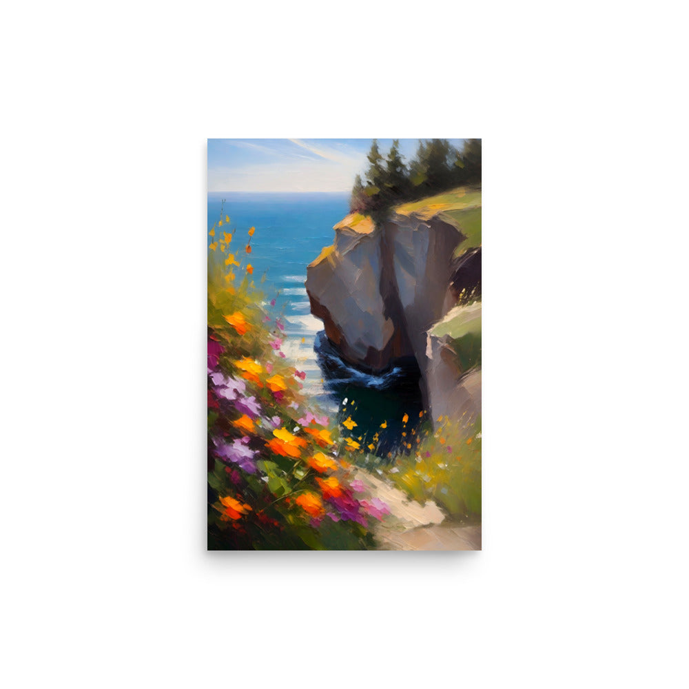 Cliffside view of a serene ocean with brightly colored flowers in impressionist art.