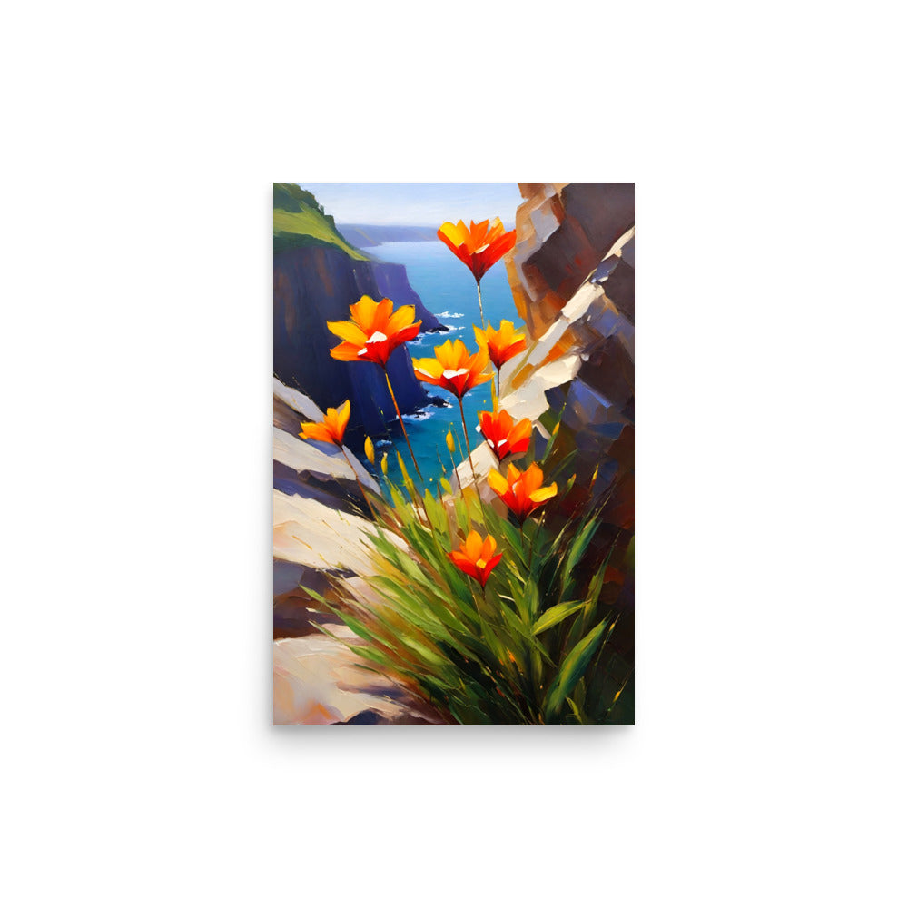 Painted orange flowers on a coastal cliff, invoking a feeling of natures solitude.