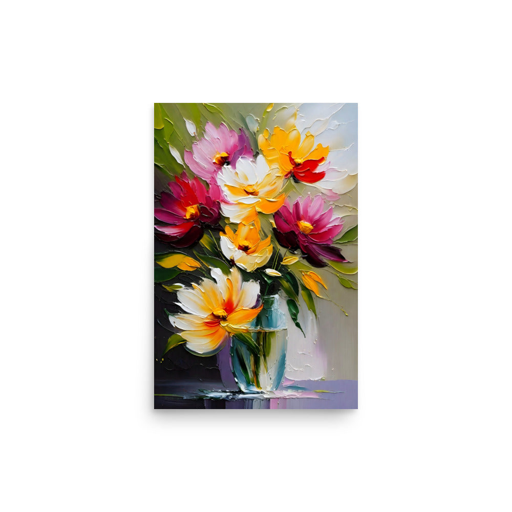 Art with multicolored flowers, each petal painted with energetic strokes.
