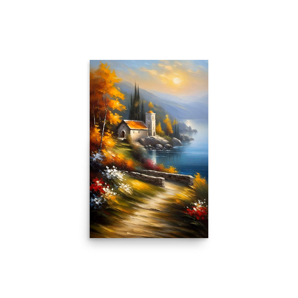 A seaside painting of an Autumnal scene, golden leaves and a soft glowing sunset.