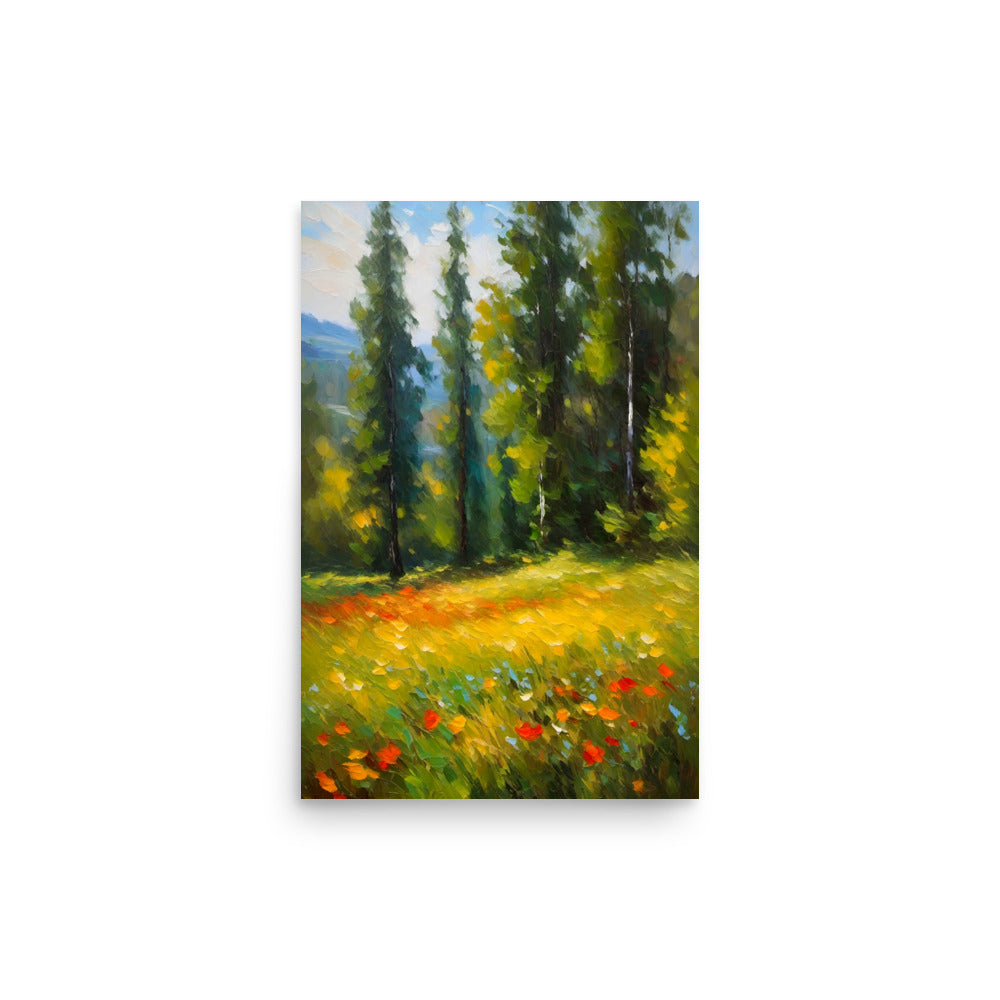 Painting of Birch trees stand tall amid a yellow flower field.