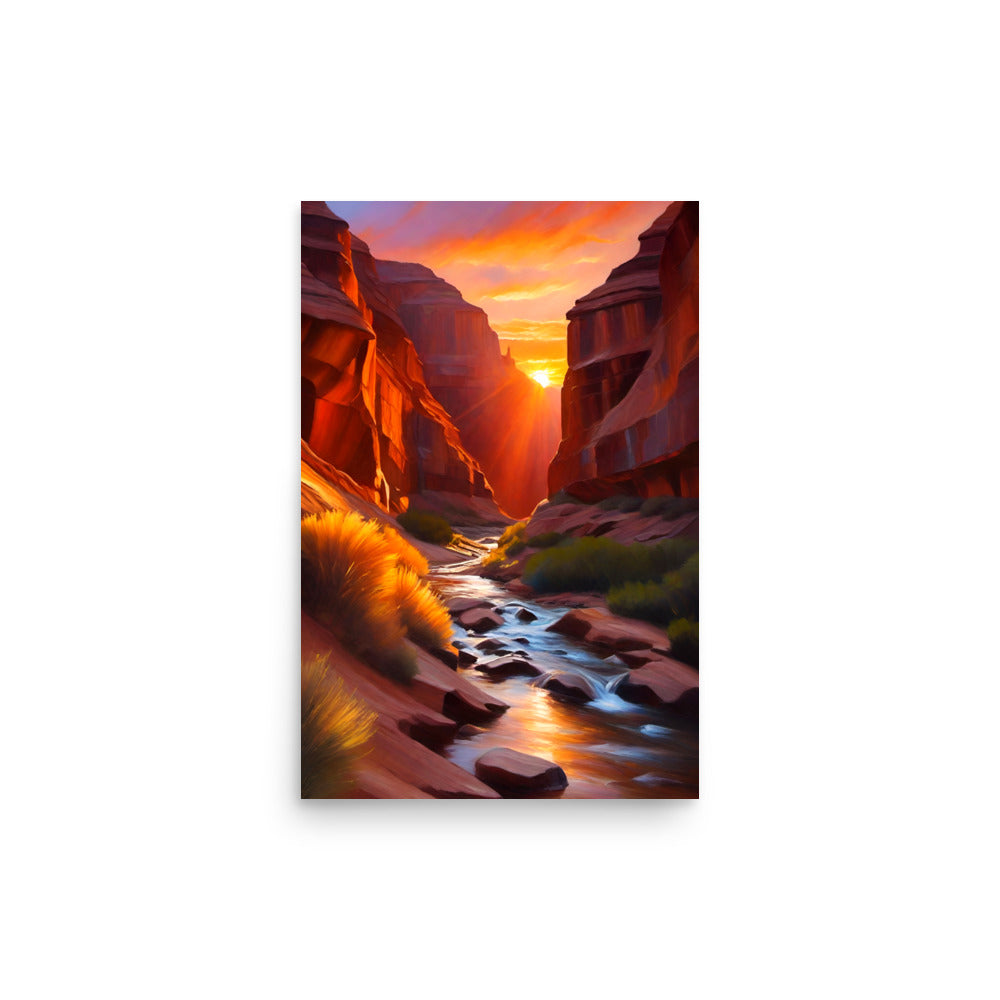 A canyon at sunset with deep reds and glowing orange colors.