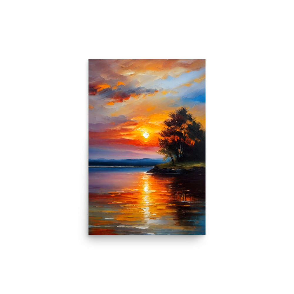 A lakeside sunset with vibrant reflections on the waters surface and silhouetted trees.