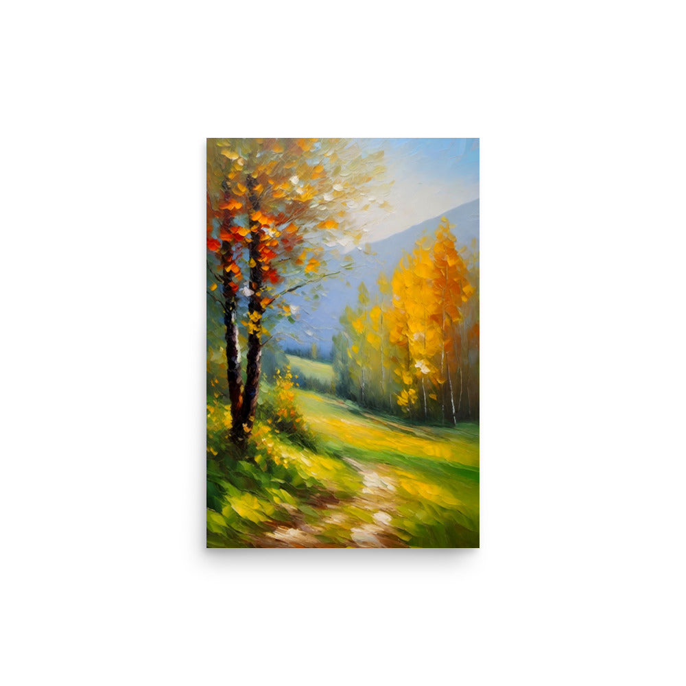 A path with vibrant yellow trees painted in a textured impressionist style.