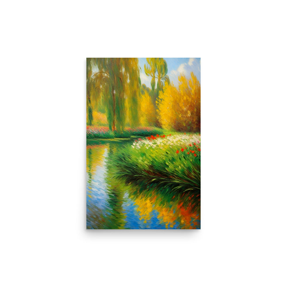 A peaceful riverside artwork with willow trees and colorful flowers.