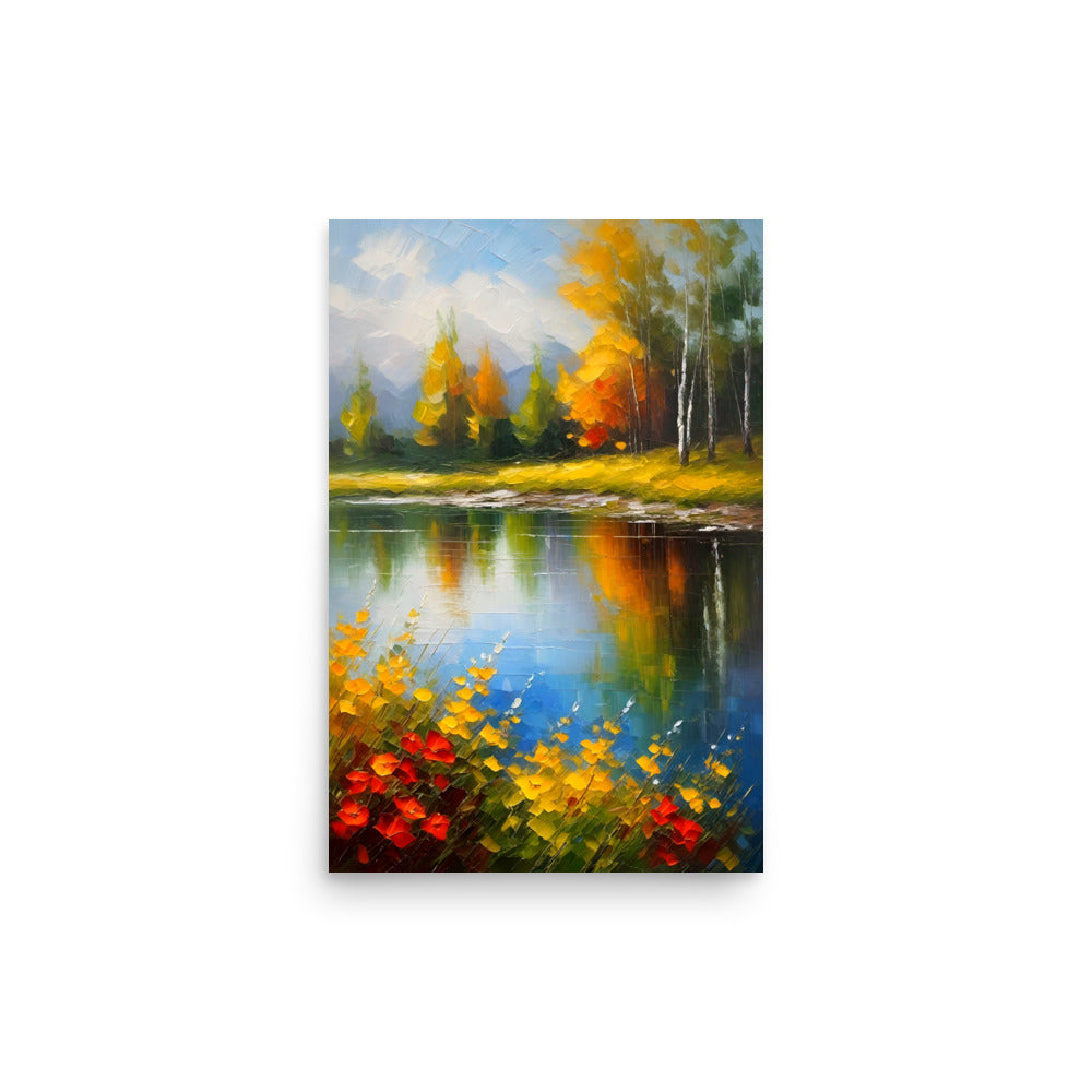 Colorful autumn painting of a calm lake with yellow and red leaves reflecting.