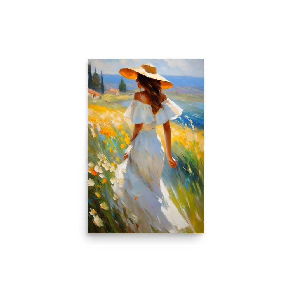 Painting of an elegant woman in a flowing white dress, wearing a hat.