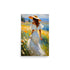 Woman in white dress strolls meadow. Dark hair, orange hat adorns her. Golden wildflowers, hills, blue mountains surround. Bold brushstrokes evoke summer joy, movement.