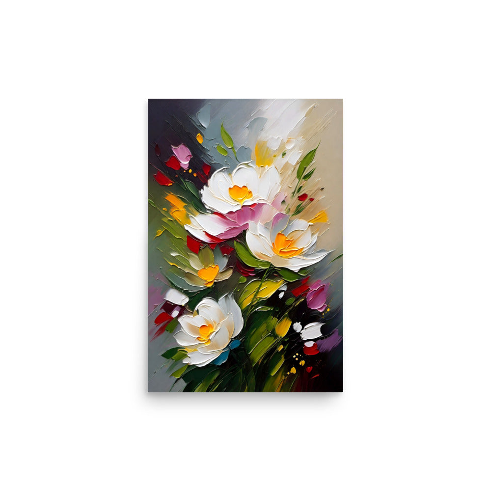 A painting of blossoming white flowers with yellow centers.