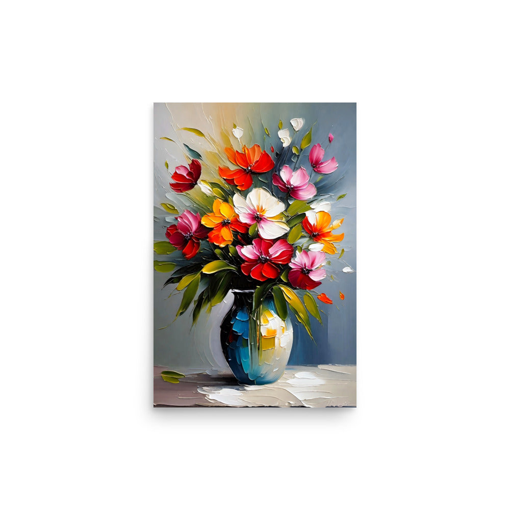 An impressionistic bouquet of multicolored flowers in a gleaming white vase.