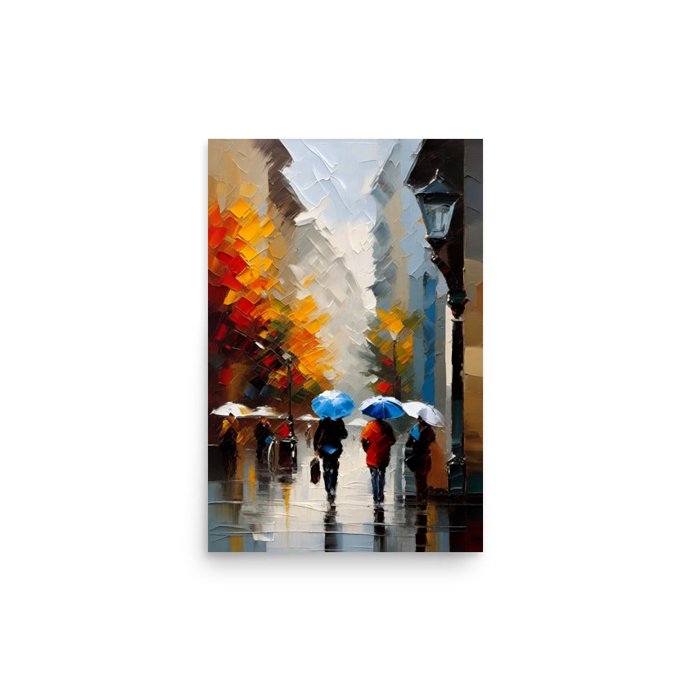 A city scene paletteknife style painting with colorful umbrellas that stand out.