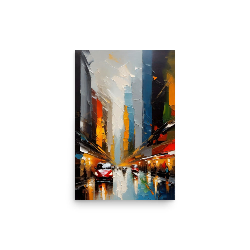 A city scene with bold thick paint showing the reflection of a wet urban street.