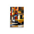 A classic yellow car, a sunlit street and vibrant buildings painted with bold colors.