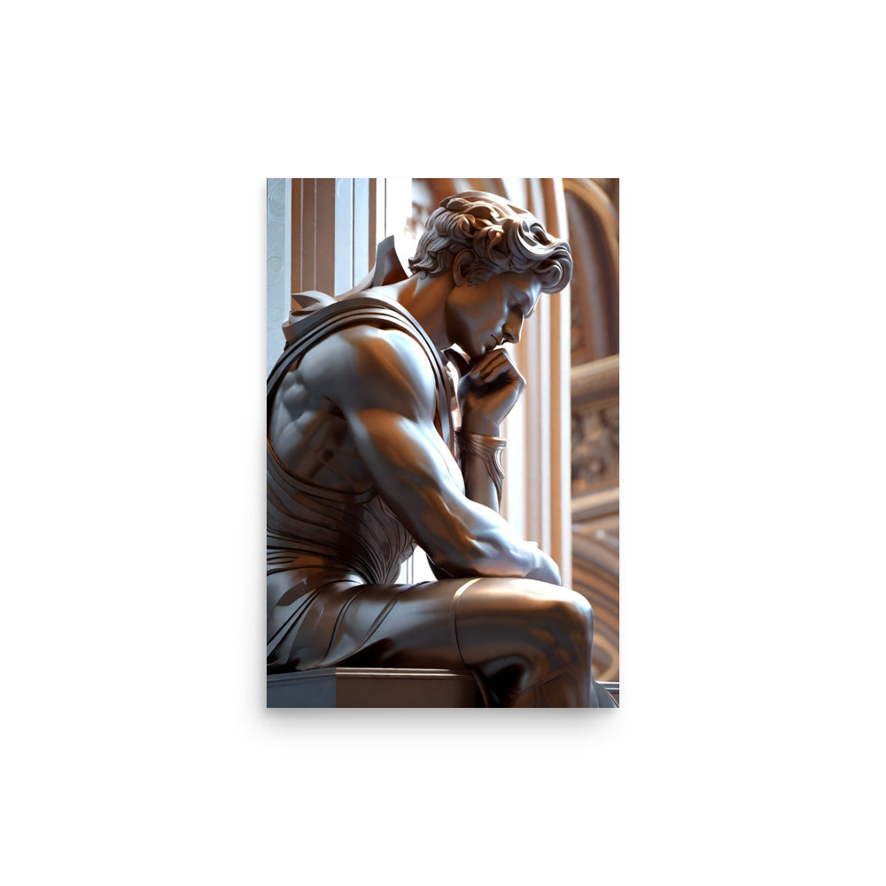 A monochrome artwork of a statue with a thoughtful male, with a muscular figure.