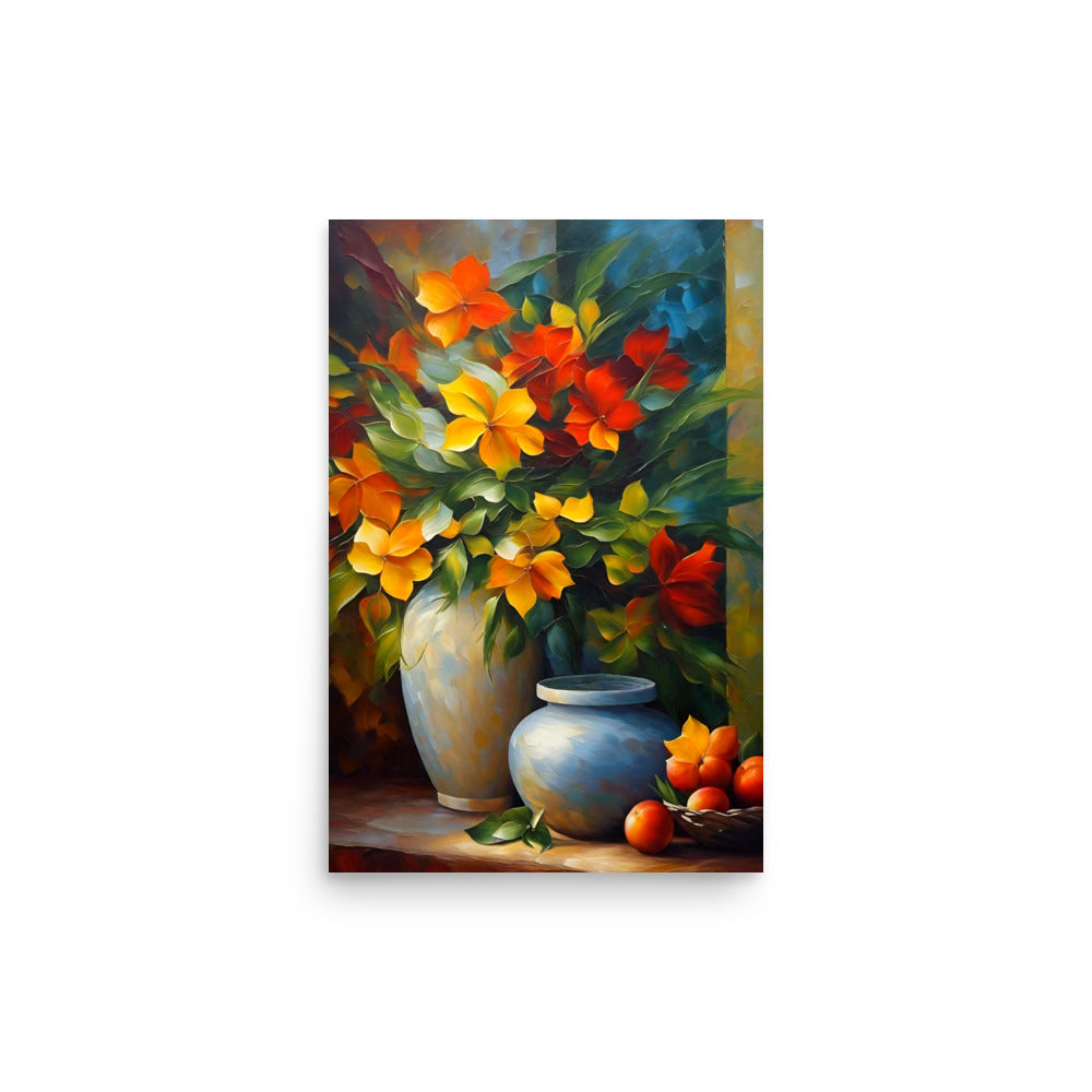 A vibrant still life with bright yellow and red flowers in vases.
