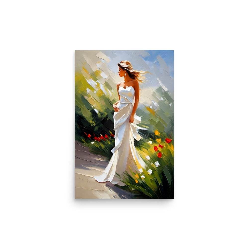 A woman walking through a flowery field in a flowing white dress.
