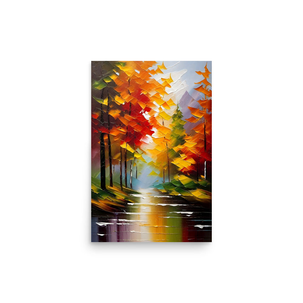 Vibrant autumnal trees reflect yellow, orange, red, and white hues. Bold brushstrokes capture splendid nature's allure. The painting radiates beauty.