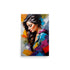 A vibrant painting with a beautiful side profile of a woman with her flowing hair.