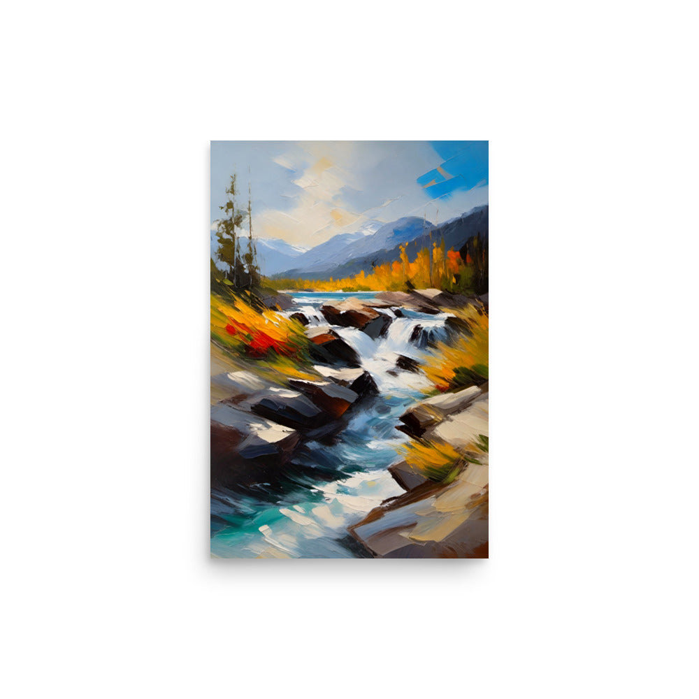 A beautiful river scene painted with dynamic water flowing over rugged rocks.