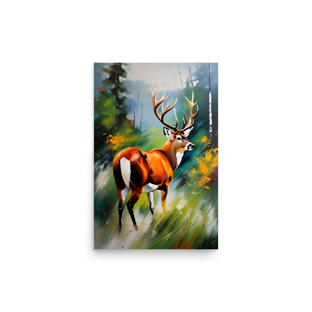 A majestic deer in a vividly painted forest with colorful brushstrokes.