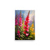 Pink and red gladiolus by yellow flowers in a textured impressionistic floral painting.