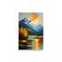 A beautiful mountain scene with painted blue snowy peaks and fiery orange sky.