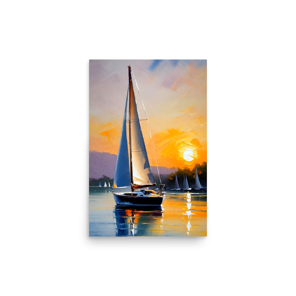 A peaceful sailboat on a glassy lake, the golden sunset sky reflected in the water.