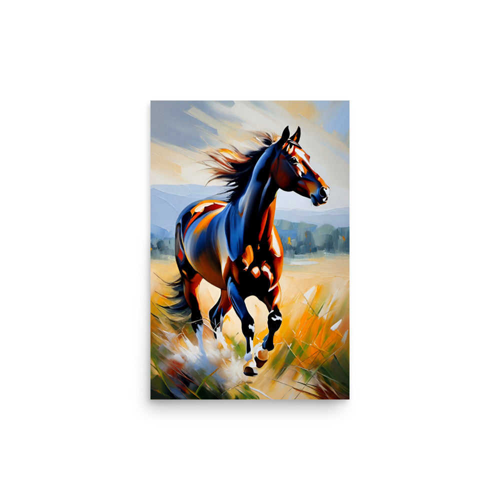 A powerful horse running with its muscular form painted with fiery oranges and browns.