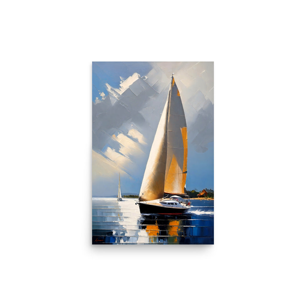 A sleek sail boat in blue waters with painted clouds and white sails.