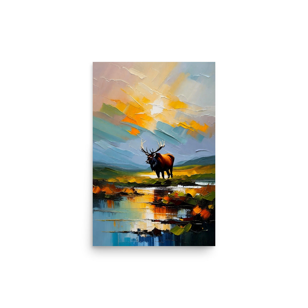 An elk painting with beautiful thick strokes, a cloudy sunset is warmly reflecting.