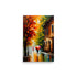 Impressionistic painting of a rainy street with colorful umbrellas and autumn leaves.