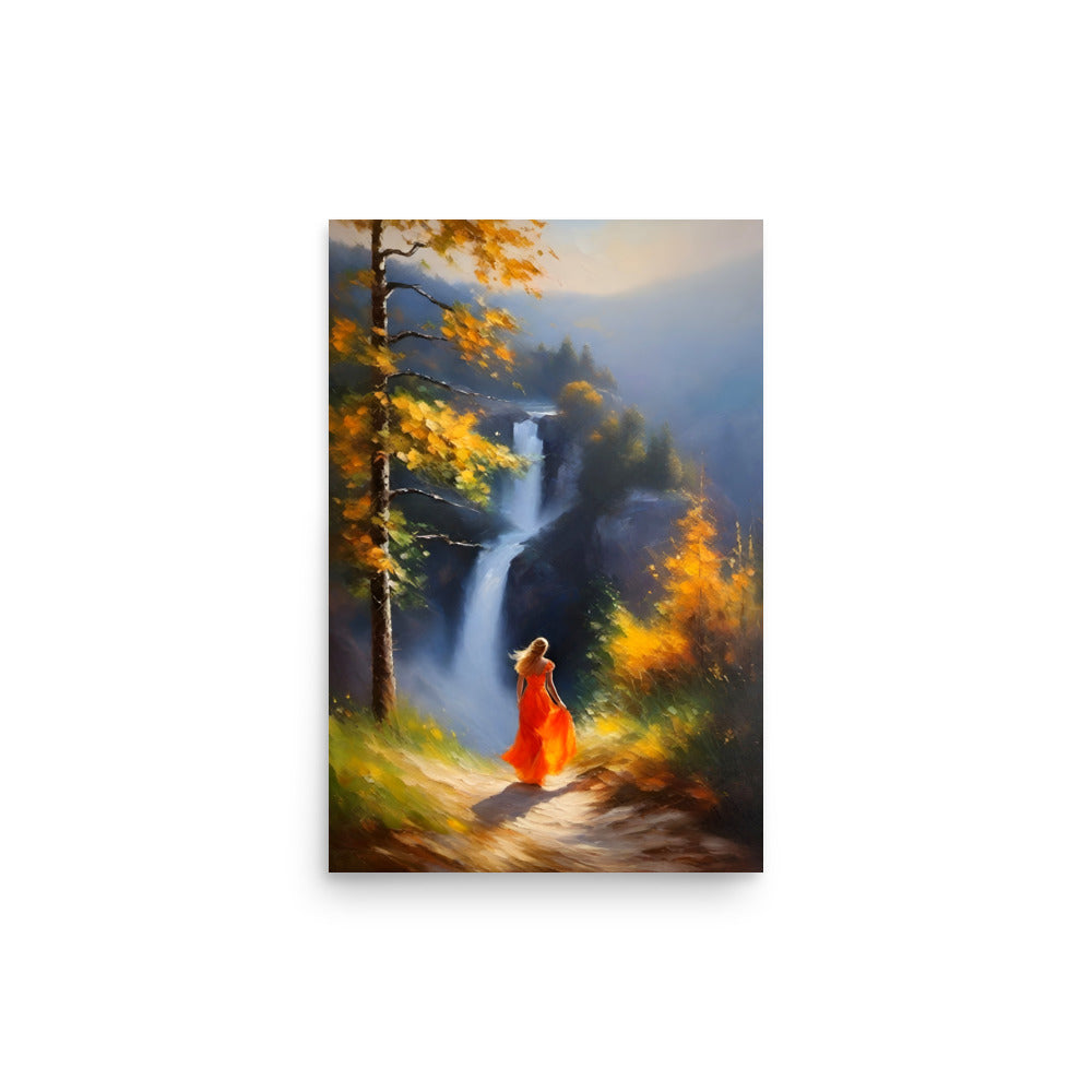 Painting with a waterfall and a woman in a reddish orange dress.