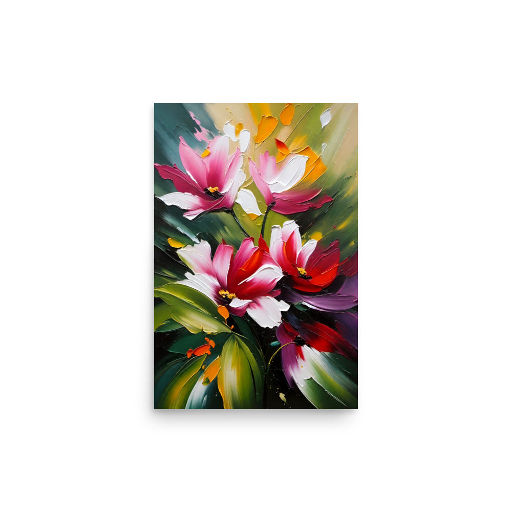 Pink and white flowers bursting with energy, thick paint creates an intense contrast.