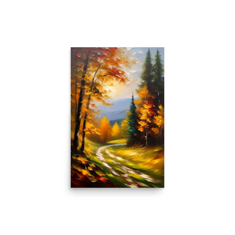 Oil painting of a winding path through a sunlit autumn forest of brilliant yellows.