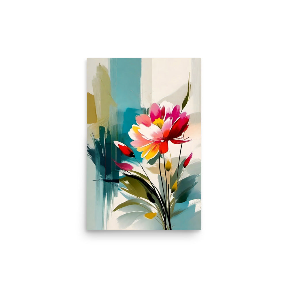 Vibrant abstract floral painting with bright flowers against a backdrop of blue.